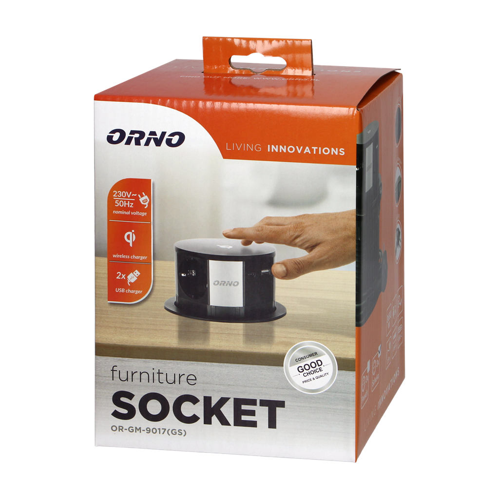 Мебелна колона Pop-Up, с контакти 3х шуко, 2х USB тип A+C, индуктивно зарядно 10W, кабел 1.5m, Ø100mm, ORNO