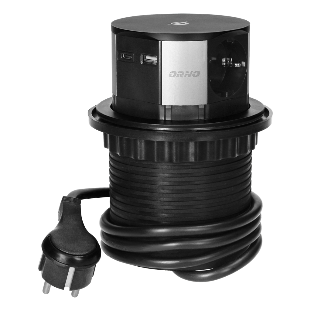 Мебелна колона Pop-Up, с контакти 3х шуко, 2х USB тип A+C, индуктивно зарядно 10W, кабел 1.5m, Ø100mm, ORNO