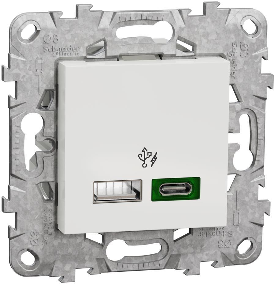 Розетка 2хUSB за зареждане тип A+C Power Delivery 45W с носеща рамка 2 мод. цвят Бял Unica SE