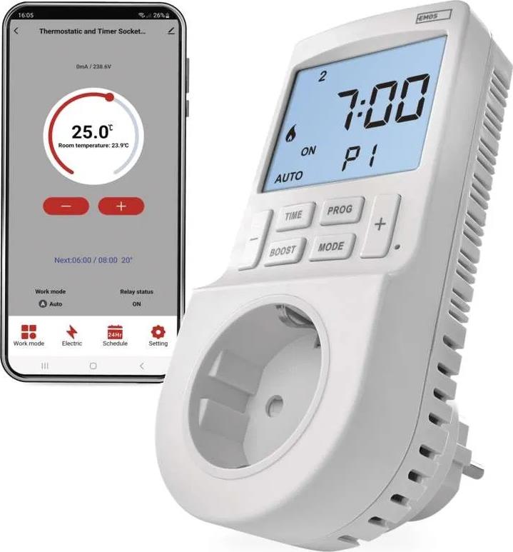 Термостат за отопление или охлаждане 5…40 °C с LCD дисплей 16A към контакт шуко Wi-Fi GoSmart EMOS
