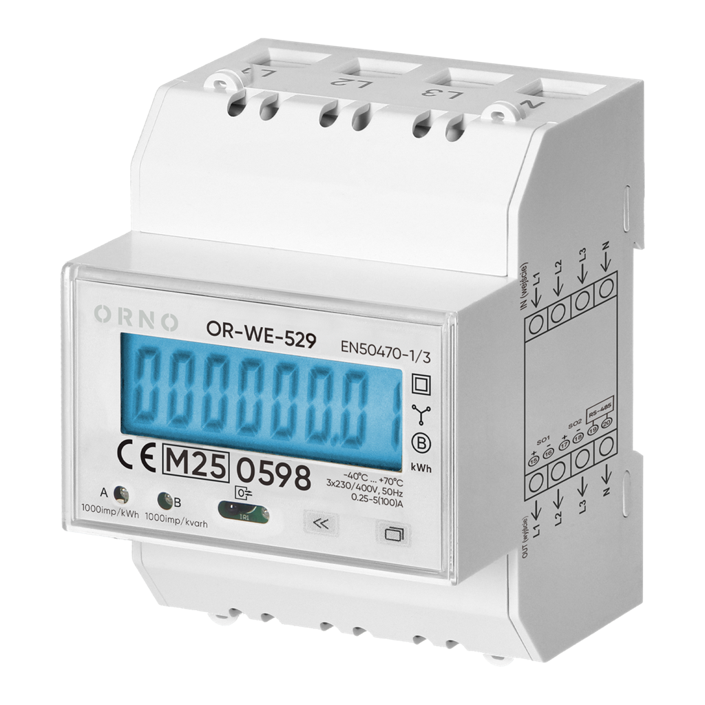 Трифазен електромер за ДИРЕКТНО мерене на ел. енергия, Modbus, еднотарифен, за DIN монтаж 4.3 мод, 100A, MID ORNO