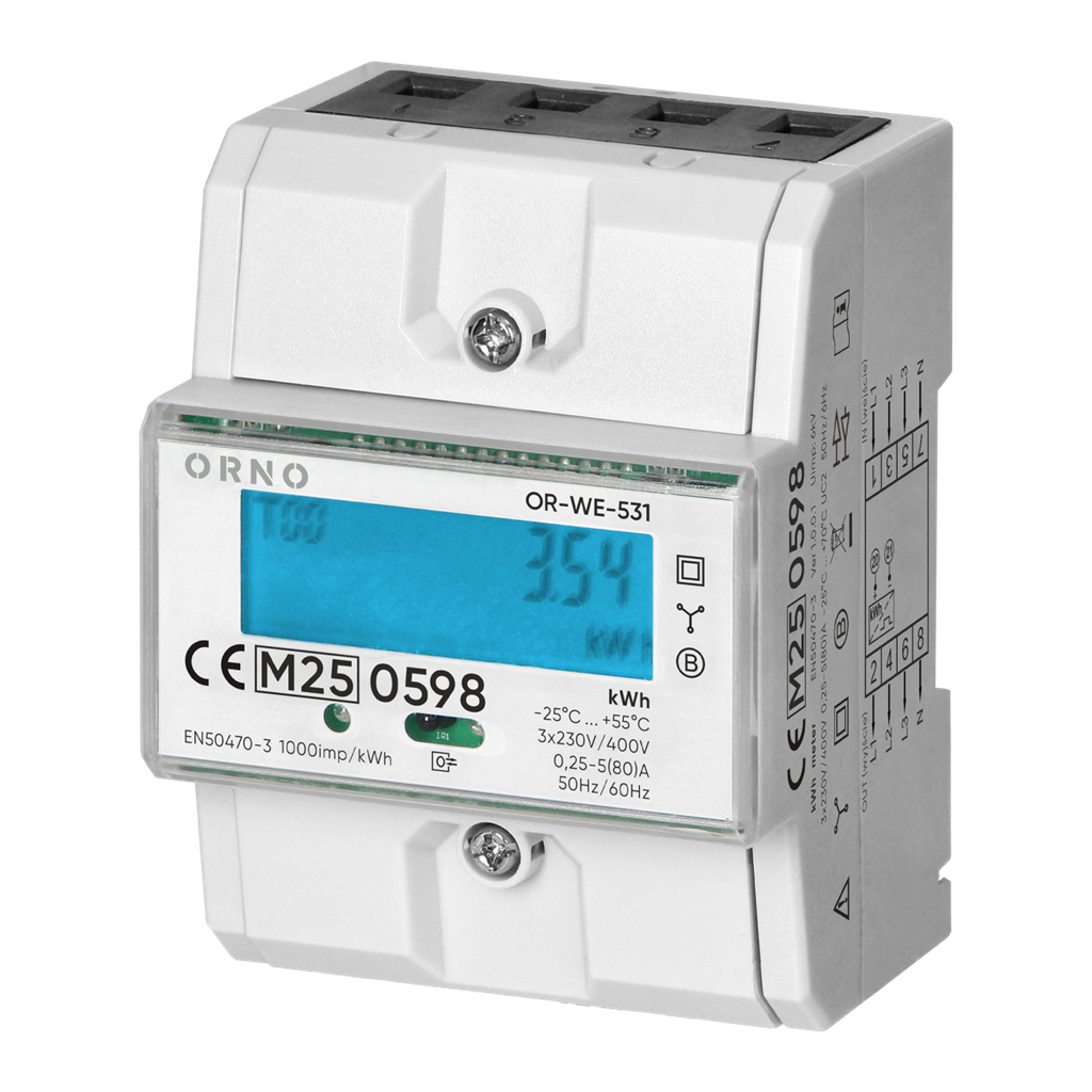 Трифазен електромер за ДИРЕКТНО мерене на ел. енергия, импулсен изход, еднотарифен, за DIN монтаж 4.3 мод, 80A, MID ORNO