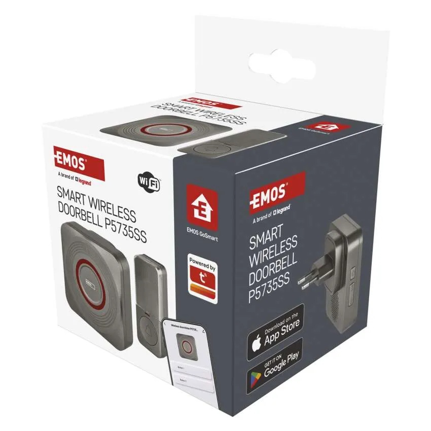 Безжичен звънец сив 220V в комплект с бутон 150 метра IP44, 55 мелодии Wi-Fi GoSmart EMOS