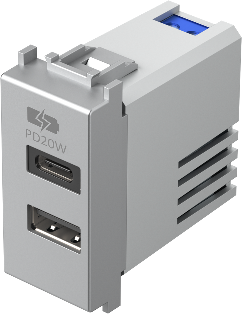 Розетка 2хUSB за зареждане тип A+C Power Delivery 20W 1 мод. цвят Сребро мат Modul TEM