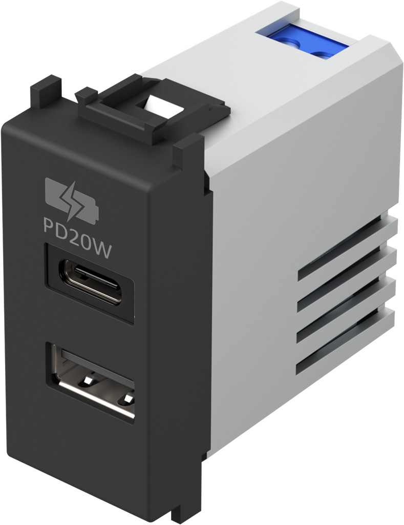 Розетка 2хUSB за зареждане тип A+C Power Delivery 20W 1 мод. цвят Черен мат Modul TEM