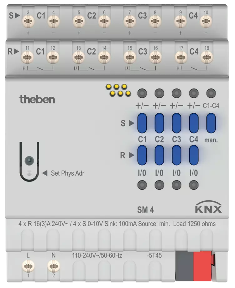 Димер 0/1-10V с ръчно управление SM4 4х 10A 133µF 4DIN KNX Theben