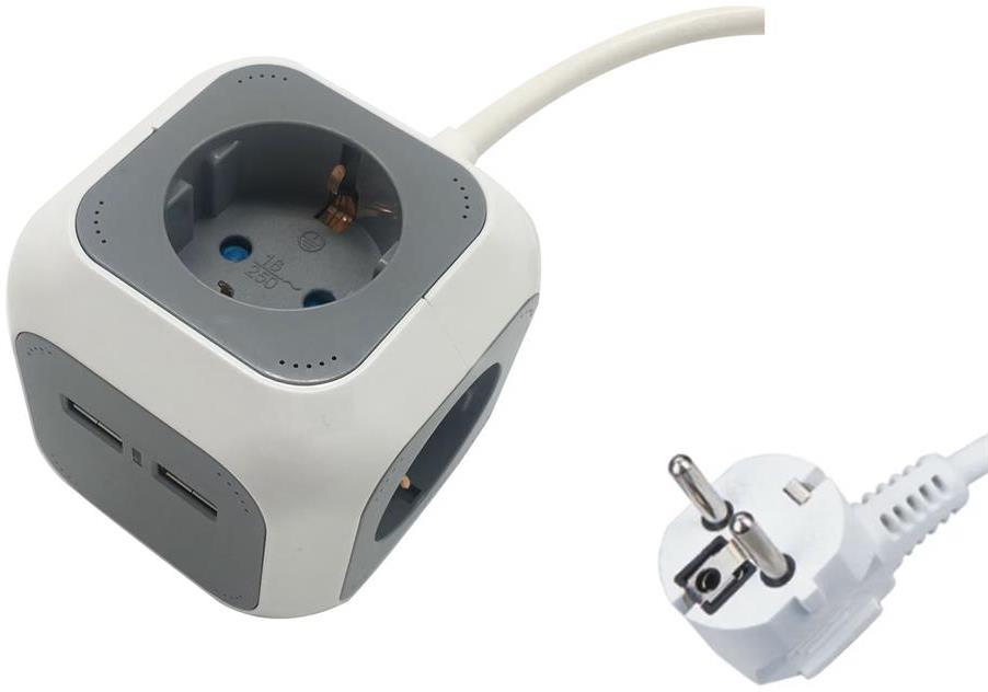 Разклонител БЯЛ/СИВ 4x2P+E и 2хUSB тип A 2.1A 10.5W с кабел 1.4метра / 1.5mm2 Commel