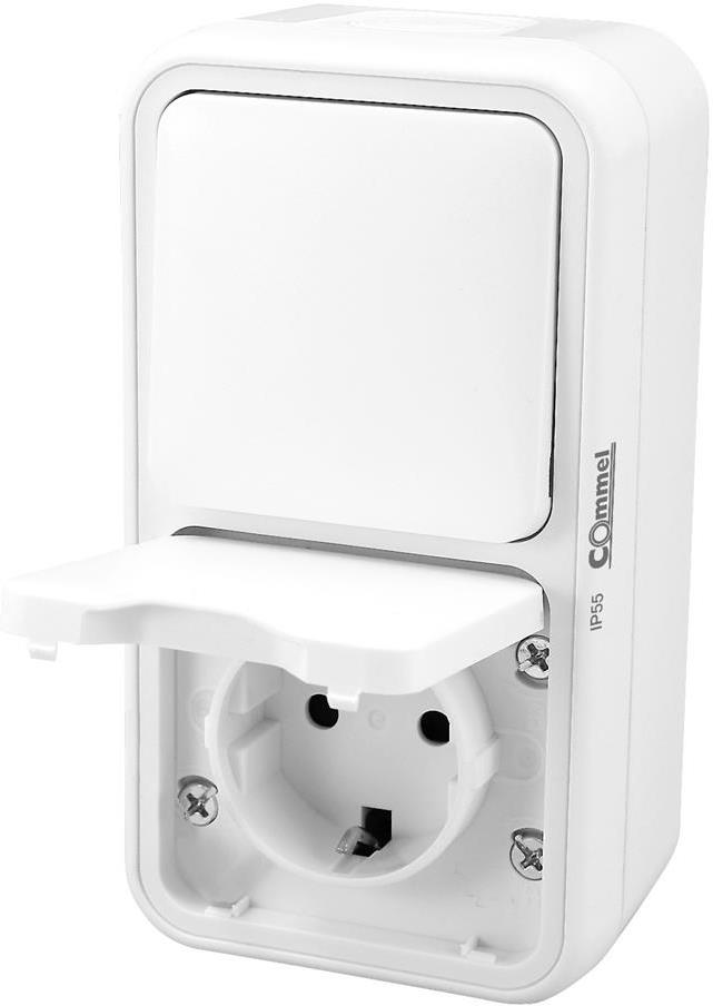 Контакт шуко + девиаторен ключ за открит монтаж IP55 цвят Бял Bura Commel