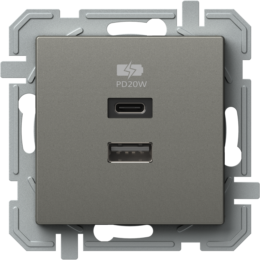 Розетка 2хUSB за зареждане тип A+C Power Delivery 20W цвят Титан Logiq TEM