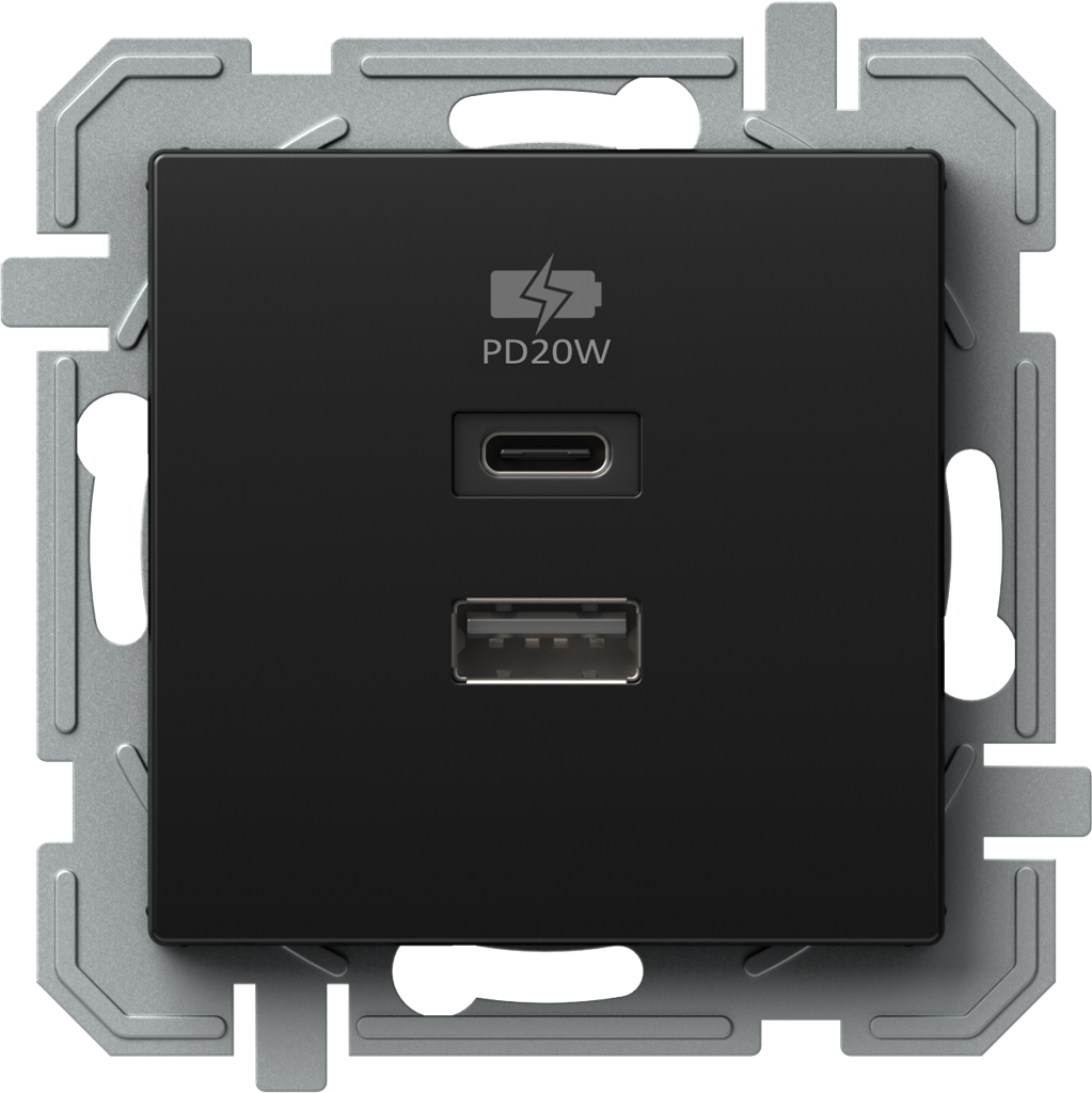 Розетка 2хUSB за зареждане тип A+C Power Delivery 20W цвят Черен Logiq TEM