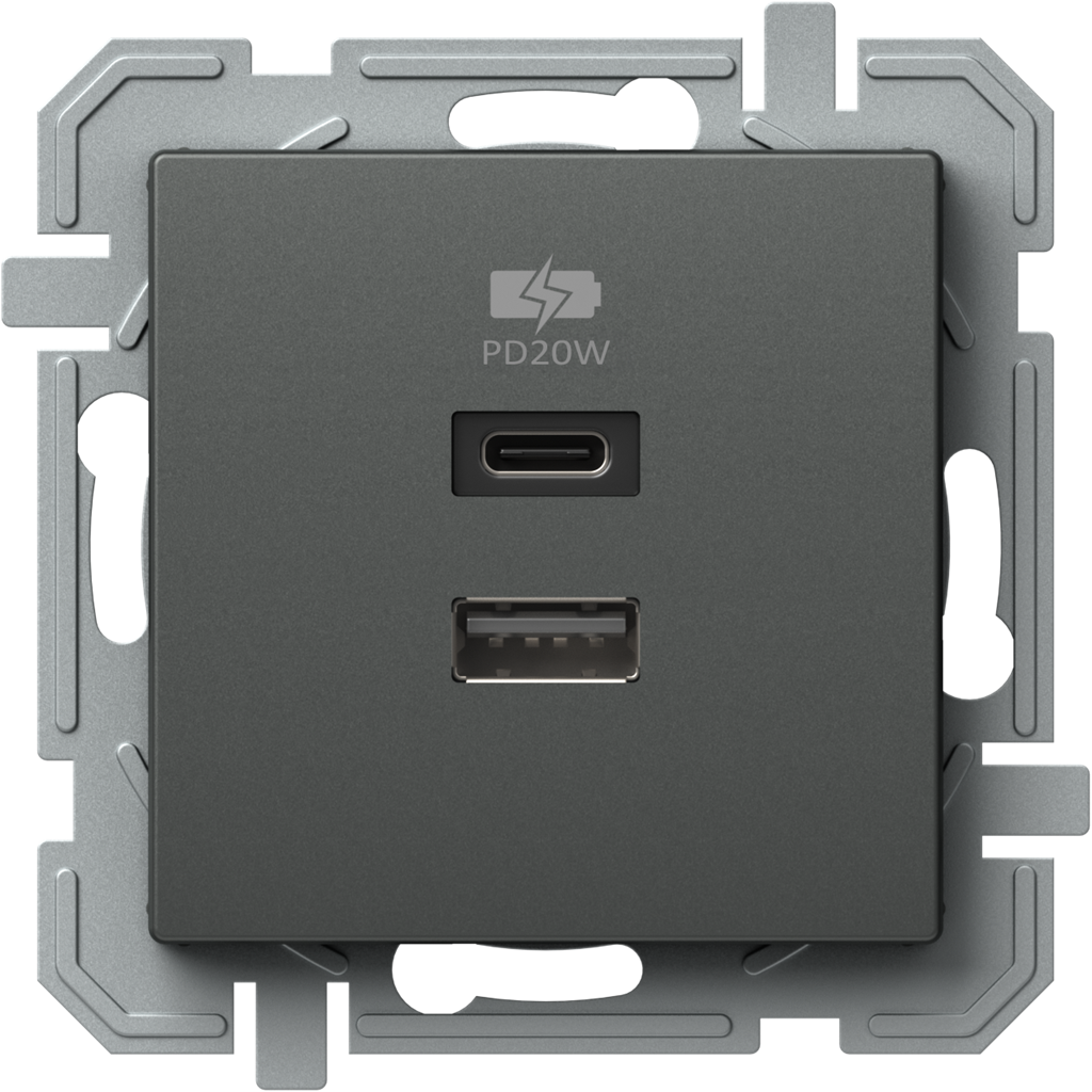 Розетка 2хUSB за зареждане тип A+C Power Delivery 20W цвят Антрацит Logiq TEM