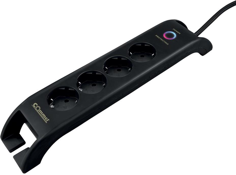 Разклонител с копче ЧЕРЕН 4x2P+E с 2xUSB тип А и гръмозащита, с кабел 2 метра / 1.5mm2 Commel