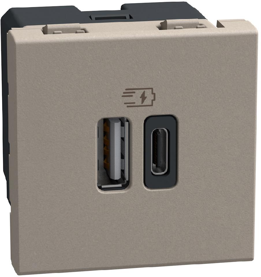 Розетка 2xUSB за зареждане тип A+C 3A 15W 2 мод. цвят Камък Light Now Bticino