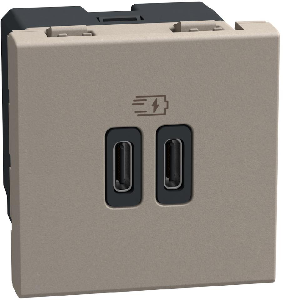 Розетка 2xUSB за зареждане тип C 3A 15W 2 мод. цвят Камък Light Now Bticino