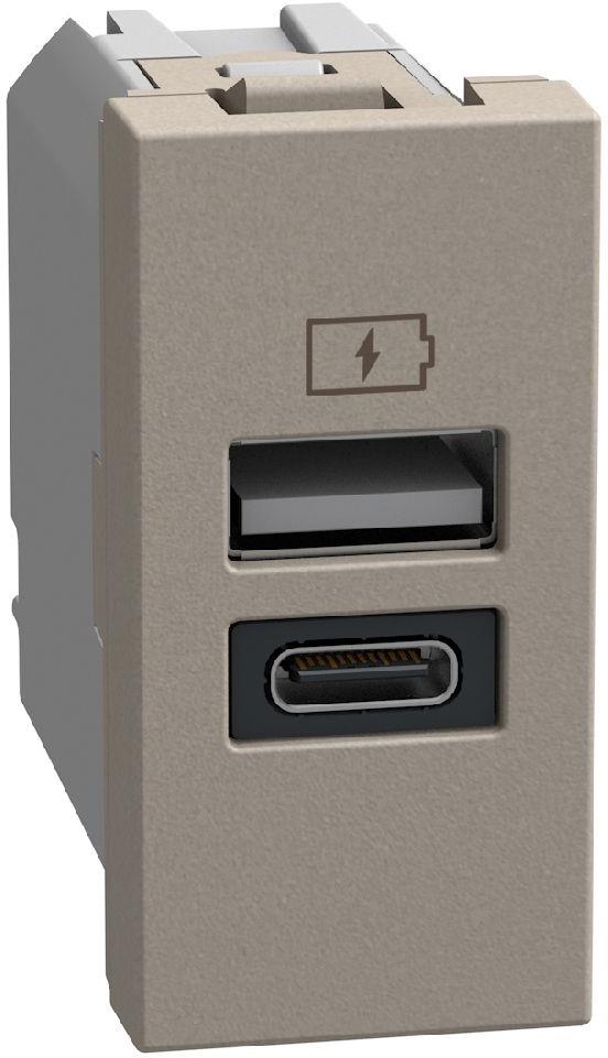 Розетка 2xUSB за зареждане тип A+C 3A 15W 1 мод. цвят Камък Light Now Bticino