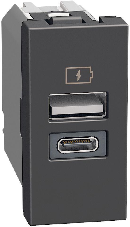 Розетка 2xUSB за зареждане тип A+C 3A 15W 1 мод. цвят Графит Light Now Bticino
