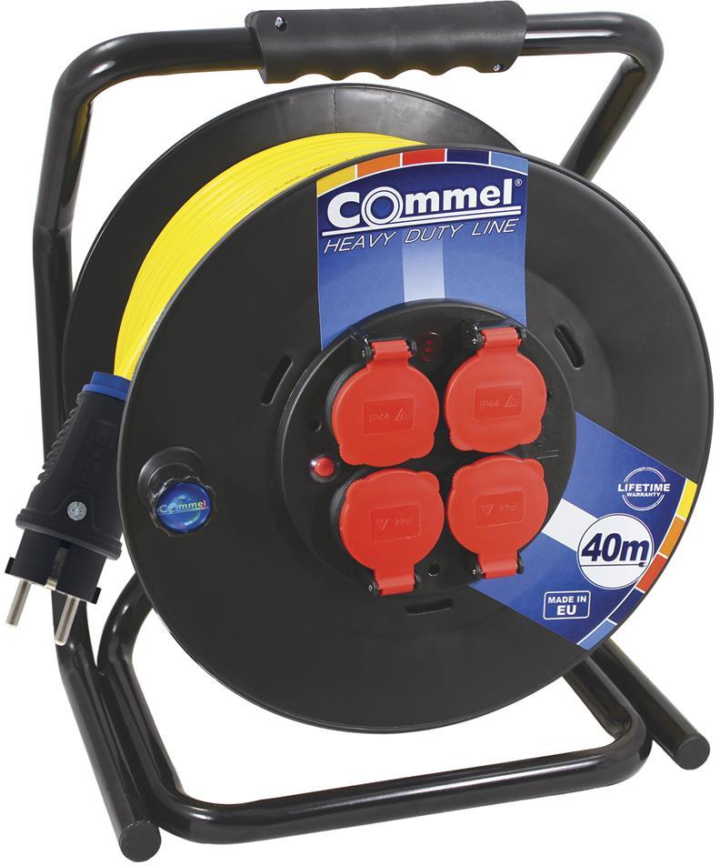 Макара черна 30м IP44 AT N07V3V3-F 3G1.5mm2 жълт термична защита 4 шуко квадратна рамка Commel