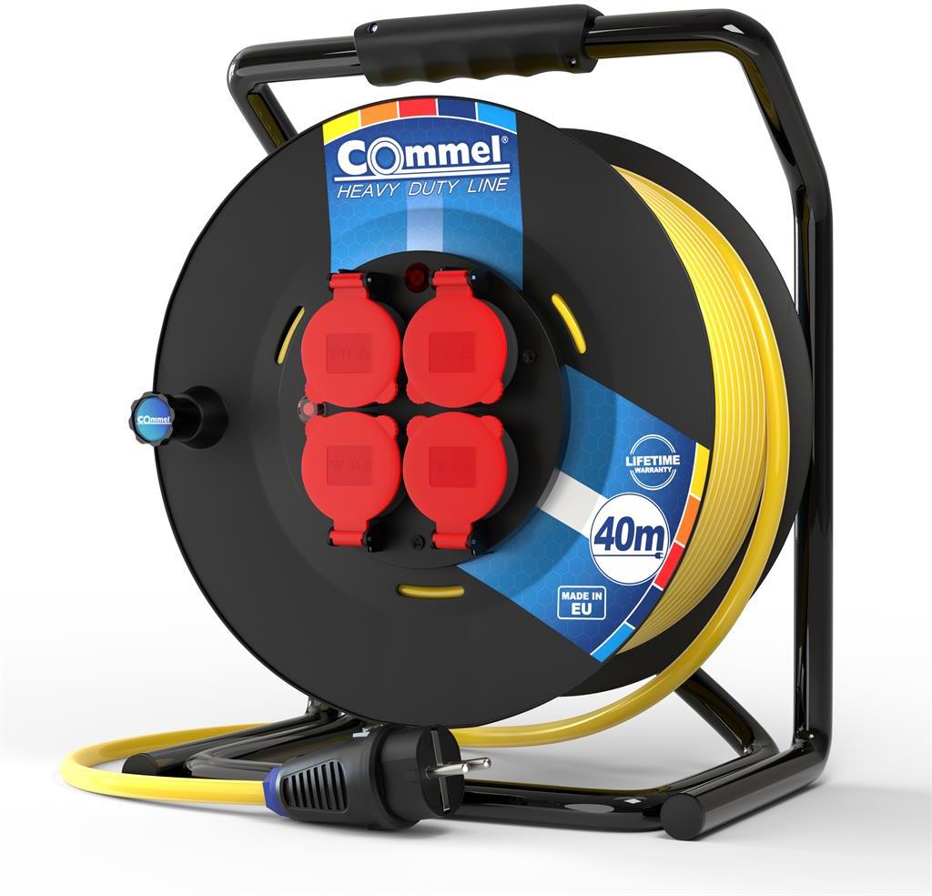 Макара черна 40м IP44 AT N07V3V3-F 3G2.5mm2 жълт термична защита 4 шуко квадратна рамка Commel