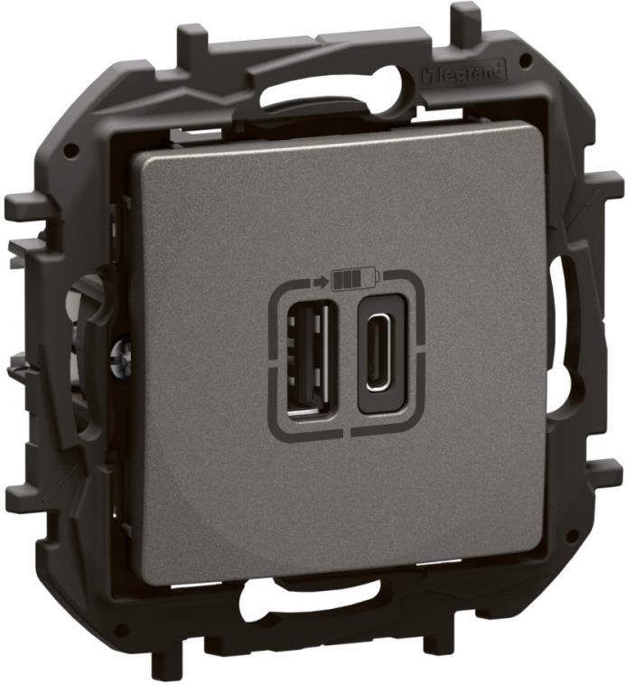 Розетка 2хUSB за зареждане тип A+C 3A 15W цвят Сив Niloe New Legrand