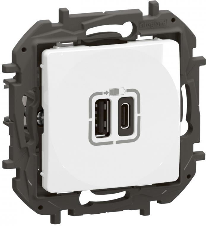 Розетка 2хUSB за зареждане тип A+C 3A 15W цвят Бял Niloe New Legrand