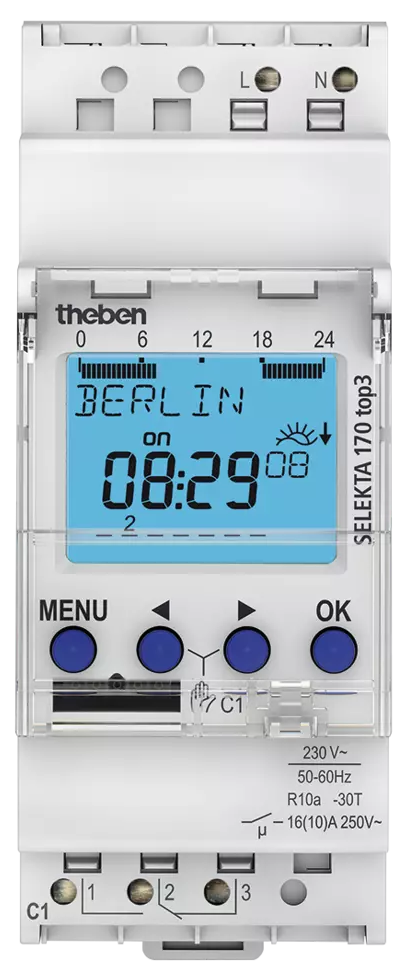 Таймер седмичен, цифров с LCD, 1 минута минимален интервал, резерв 10 години, 1c/o 16A, 230Vac, 2DIN, SELEKTA 170 top3 Theben