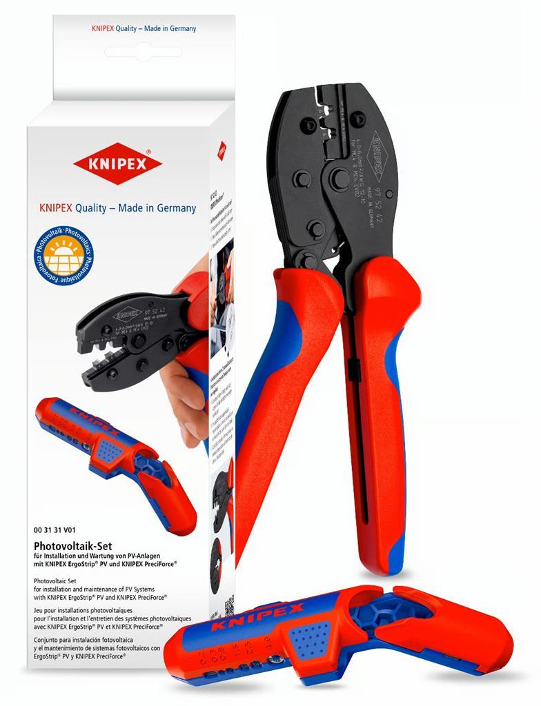 Комплект инструмент за заголване на PV кабели ErgoStrip и клещи за кримпване на MC4/EVO2 конектори PreciForce, Knipex