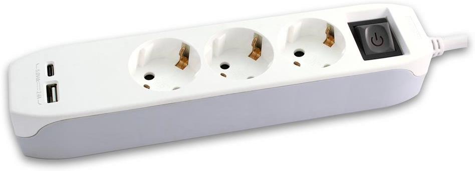 Разклонител с копче БЯЛ 3x2P+E и USB тип А+C 2.4A 12W, с кабел 1.4 метра / 1.5mm2 Commel