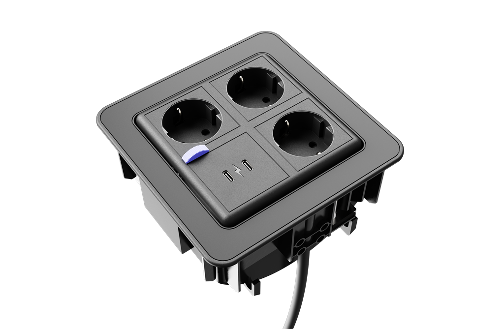 Модул FlipAround с 3х Шуко и USB тип C+C, цвят Черен, Digitel