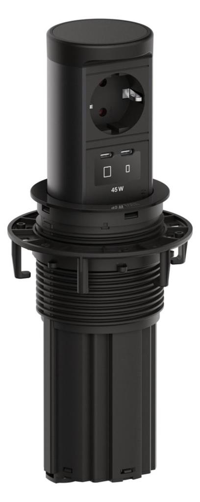 Модул ELEVATOR 2 с 1х Шуко и USB тип C+C PD 45W, с кабел 2м, цвят Черен, Bachmann