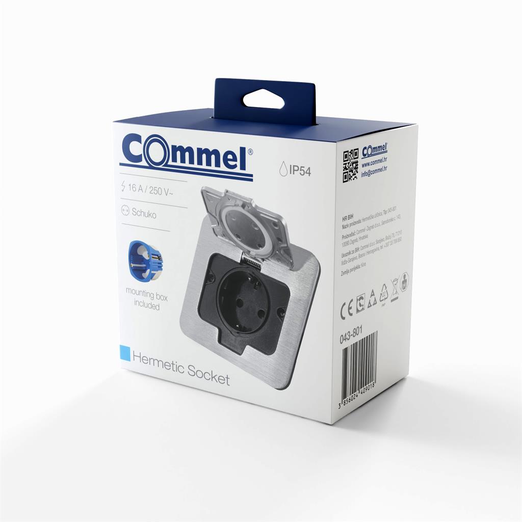 Контакт шуко IP54, цвят стомана, Ø60mm, Commel