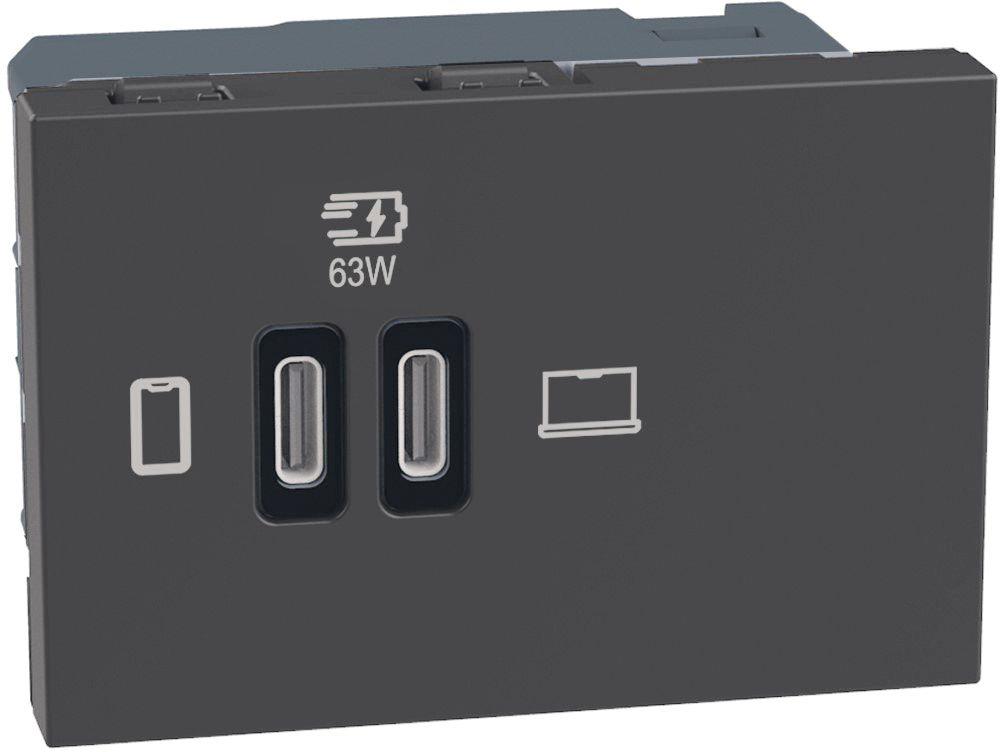 Розетка 2xUSB за зареждане тип C Power Delivery 63W 3 мод. цвят Графит Light Now Bticino