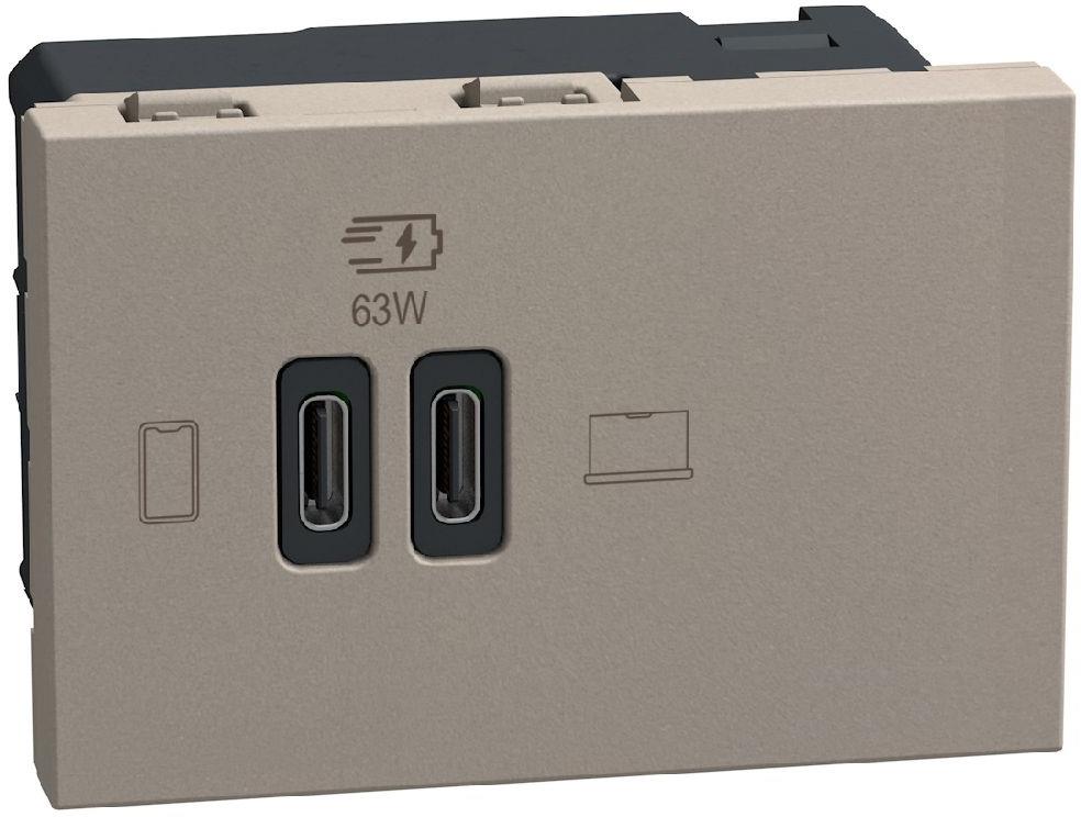 Розетка 2xUSB за зареждане тип C Power Delivery 63W 3 мод. цвят Камък Light Now Bticino