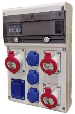 Табло сглобено с индустриални контакти, серия Block 2х 3P+N+E 16A, 1х 3P+N+E 32A и 4х Шуко, без токови защити 14DIN Scame