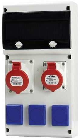 Табло сглобено с индустриални контакти, серия Block 1х 3P+N+E 16A, 1х 3P+N+E 32A и 3х Шуко, без токови защити 11DIN Scame