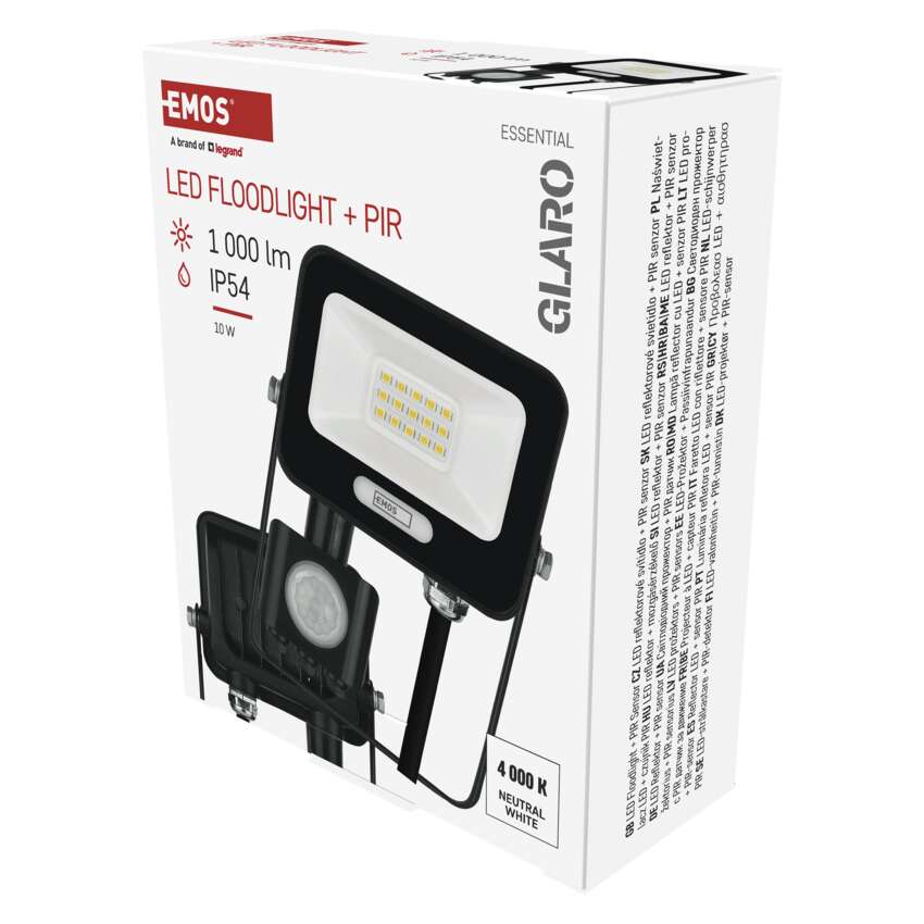 Прожектор LED 10W 4000K 1000lm 120° x 120° 20000h IP65 черен с датчик GLARO EMOS