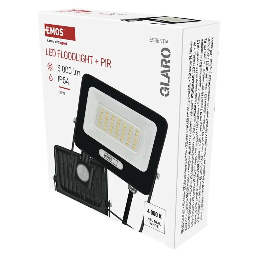 Прожектор LED 30W 4000K 3000lm 120° x 120° 20000h IP65 черен с датчик GLARO EMOS