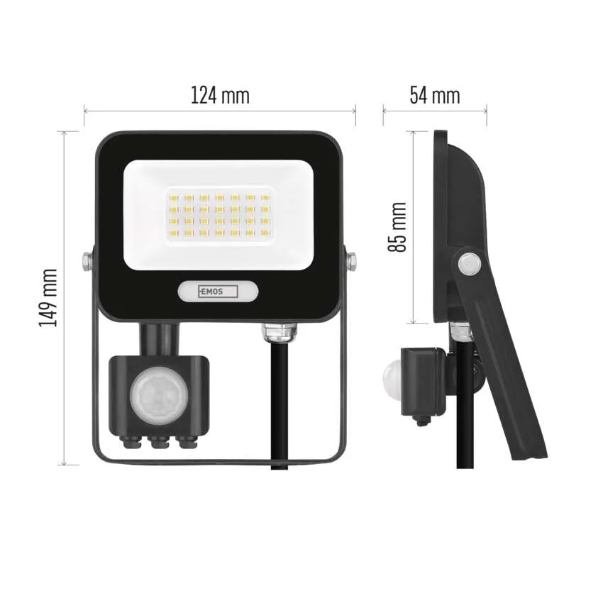 Прожектор LED 20W 4000K 2000lm 120° x 120° 20000h IP65 черен с датчик GLARO EMOS