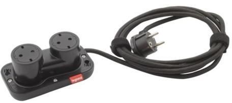 Мебелна кутия с 2х Шуко, кабел 2.5m, 140x76mm, цвят ЧЕРЕН, Incara Electr'On Legrand