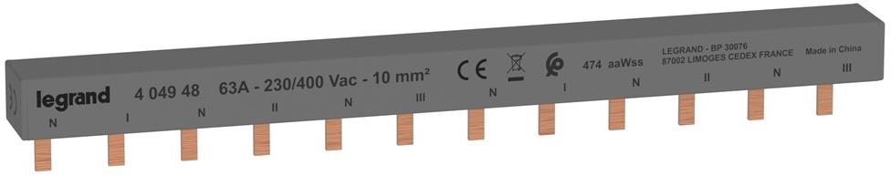 Захранващ гребен тип ПИН 3P+N 10мм2 63A 6 прекъсвача L1NL2NL3N Legrand