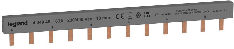 Захранващ гребен тип ПИН 2P 10мм2 63A 6 прекъсвача L1L2 Legrand