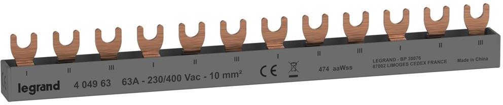 Захранващ гребен тип U 3P 10мм2 63A 4 прекъсвача L1L2L3 Legrand