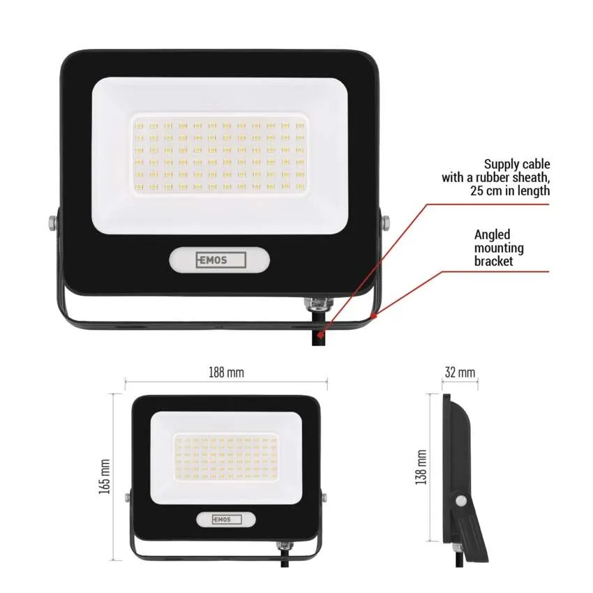 Прожектор LED 50W 4000K 5000lm 120° x 120° 20000h IP65 черен GLARO EMOS