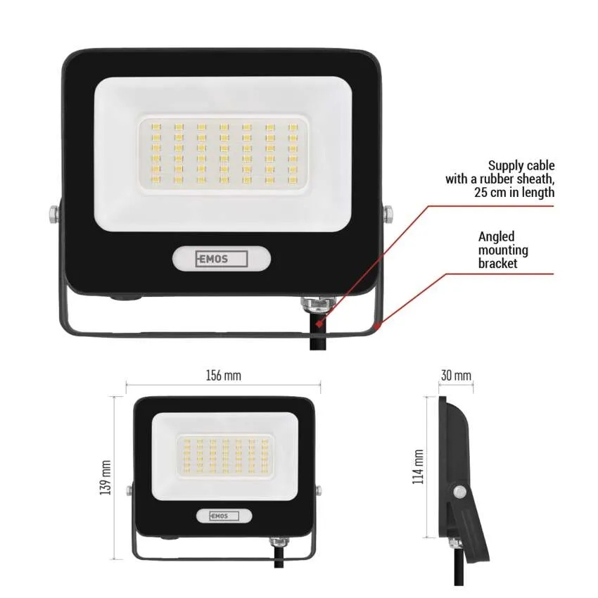 Прожектор LED 30W 4000K 3000lm 120° x 120° 20000h IP65 черен GLARO EMOS